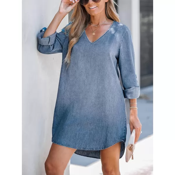imageCUPSHE Womens Denim Mini Dress Long Sleeves Dresses VNeck Dressing Rolltab Cuffs CasualBlue