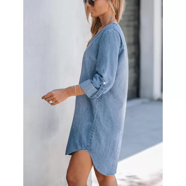 imageCUPSHE Womens Denim Mini Dress Long Sleeves Dresses VNeck Dressing Rolltab Cuffs CasualBlue