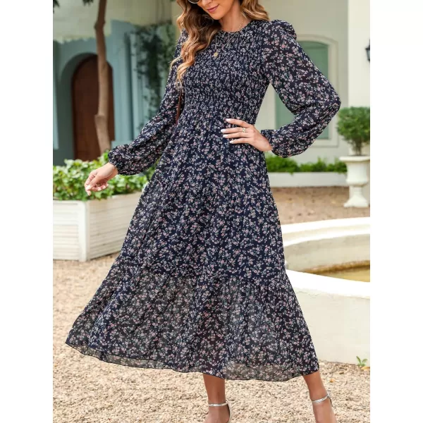 imageCUPSHE Womens Disty Floral Print Round Neck Long Sleeve Smocked Waist Maxi Dress Casual A Line Long Chiffon DressNavy Blue