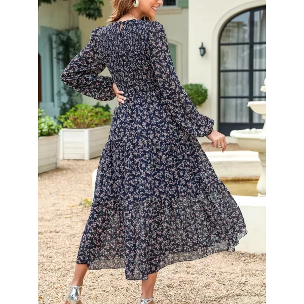 imageCUPSHE Womens Disty Floral Print Round Neck Long Sleeve Smocked Waist Maxi Dress Casual A Line Long Chiffon DressNavy Blue