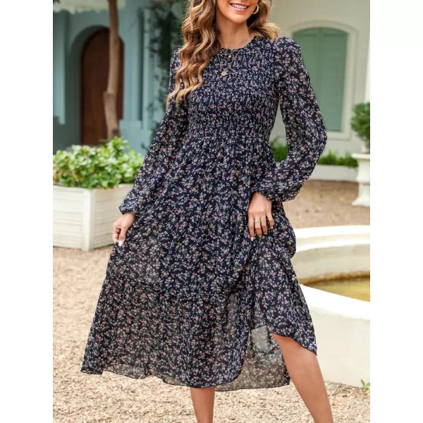 imageCUPSHE Womens Disty Floral Print Round Neck Long Sleeve Smocked Waist Maxi Dress Casual A Line Long Chiffon DressNavy Blue