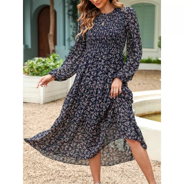 imageCUPSHE Womens Disty Floral Print Round Neck Long Sleeve Smocked Waist Maxi Dress Casual A Line Long Chiffon DressNavy Blue