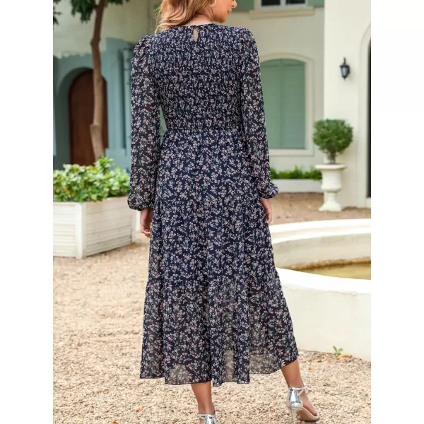 imageCUPSHE Womens Disty Floral Print Round Neck Long Sleeve Smocked Waist Maxi Dress Casual A Line Long Chiffon DressNavy Blue