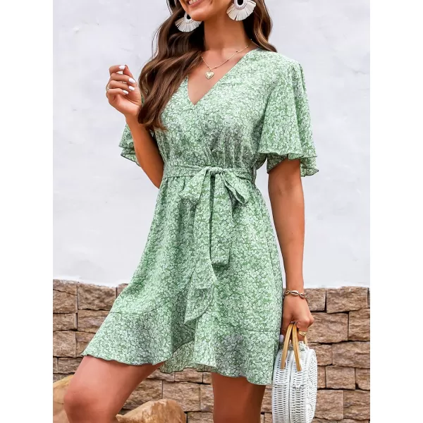 imageCUPSHE Womens Ditsy Floral Belted Mini Dress Tulip Flowy Short Sleeve A Line Wrap DressGreen