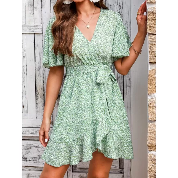 imageCUPSHE Womens Ditsy Floral Belted Mini Dress Tulip Flowy Short Sleeve A Line Wrap DressGreen