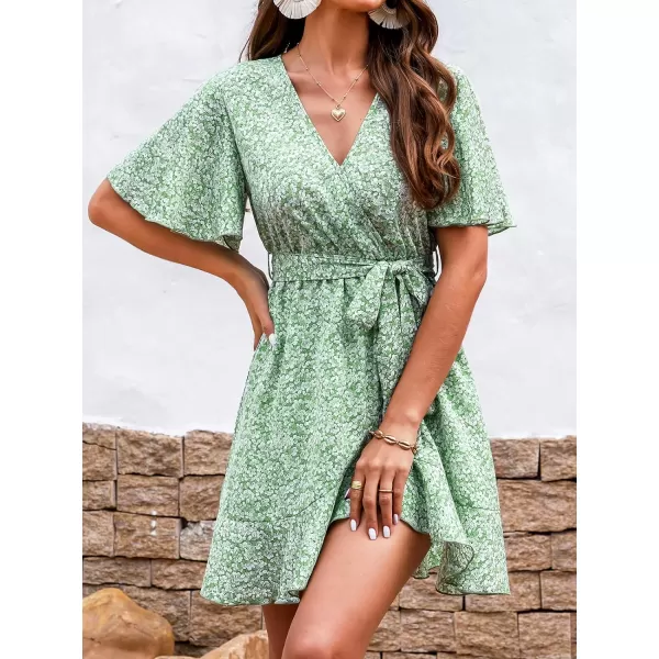imageCUPSHE Womens Ditsy Floral Belted Mini Dress Tulip Flowy Short Sleeve A Line Wrap DressGreen