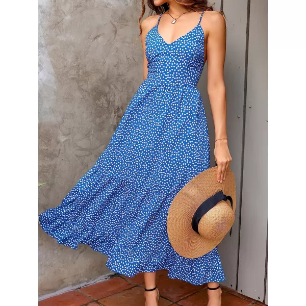 imageCUPSHE Womens Dot Print Cami Maxi Dress Backless Spaghetti Straps Ruffled Flowy A Line DressBlue