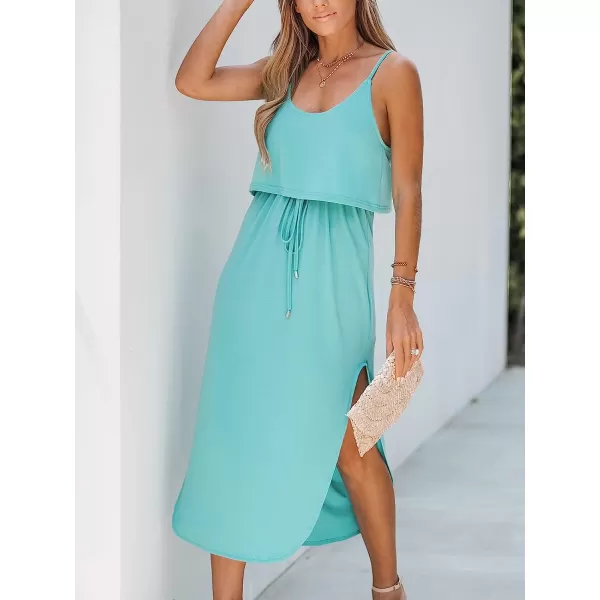 imageCUPSHE Womens Drawstring Cami Midi Dress Spaghetti Straps Scoop Neck High Slit A Line DressBlue