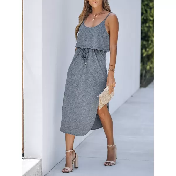 imageCUPSHE Womens Drawstring Cami Midi Dress Spaghetti Straps Scoop Neck High Slit A Line DressGrey