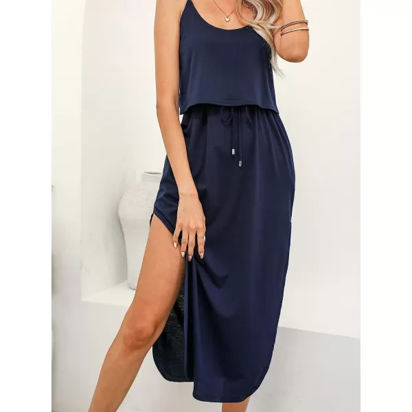imageCUPSHE Womens Drawstring Cami Midi Dress Spaghetti Straps Scoop Neck High Slit A Line DressNavy