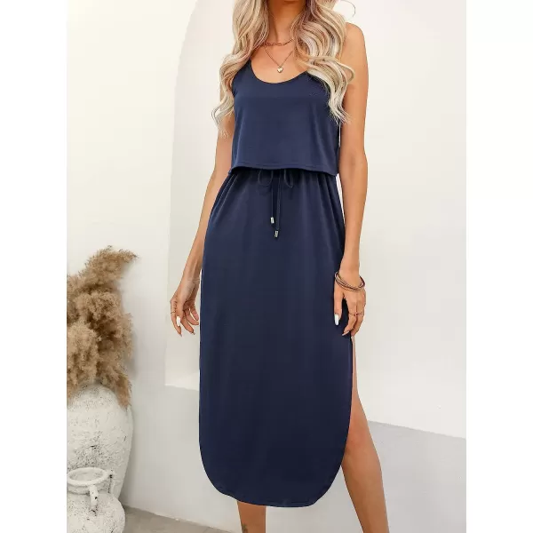 imageCUPSHE Womens Drawstring Cami Midi Dress Spaghetti Straps Scoop Neck High Slit A Line DressNavy