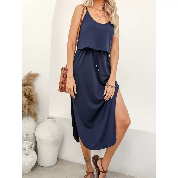 imageCUPSHE Womens Drawstring Cami Midi Dress Spaghetti Straps Scoop Neck High Slit A Line DressNavy