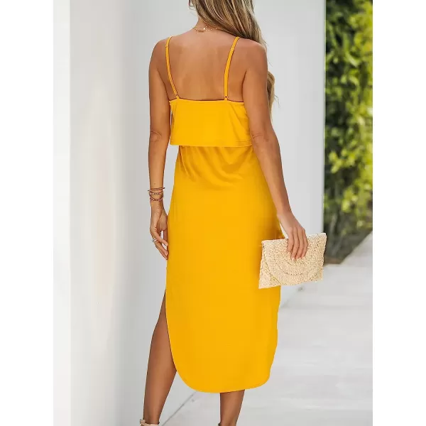 imageCUPSHE Womens Drawstring Cami Midi Dress Spaghetti Straps Scoop Neck High Slit A Line DressYellow