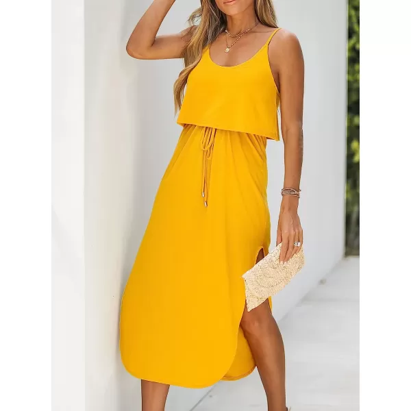 imageCUPSHE Womens Drawstring Cami Midi Dress Spaghetti Straps Scoop Neck High Slit A Line DressYellow