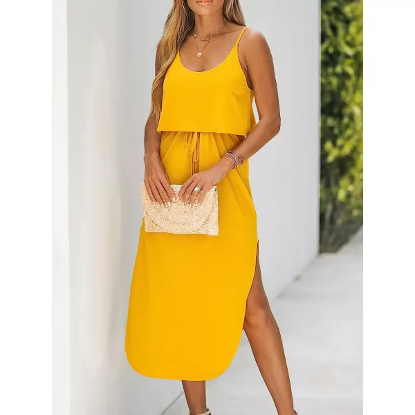 imageCUPSHE Womens Drawstring Cami Midi Dress Spaghetti Straps Scoop Neck High Slit A Line DressYellow