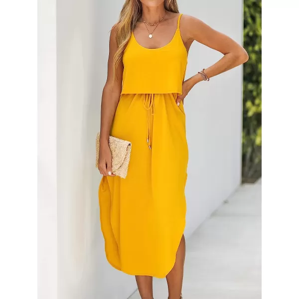imageCUPSHE Womens Drawstring Cami Midi Dress Spaghetti Straps Scoop Neck High Slit A Line DressYellow