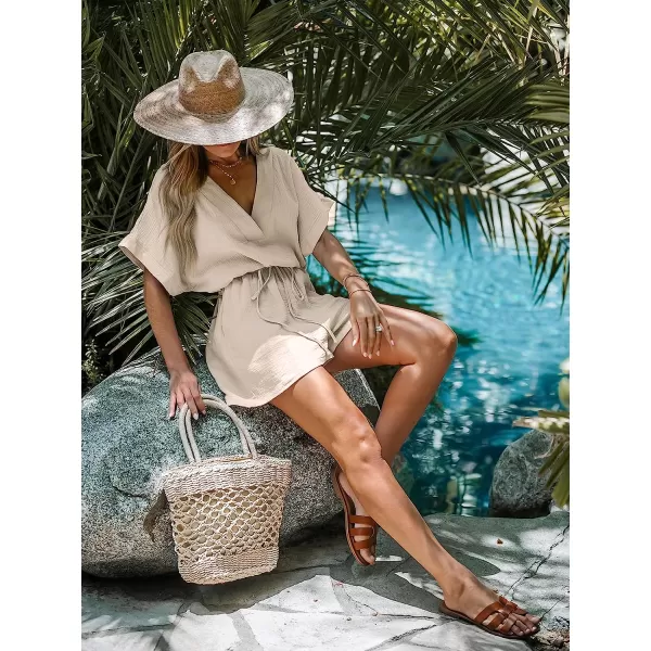 imageCUPSHE Womens Drawstring Plunging VNeck Romper Short Sleeveless Jumpsuit Wide Leg Outfit Casual SummerLight Brown