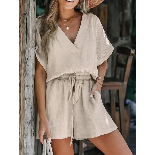 imageCUPSHE Womens Drawstring Plunging VNeck Romper Short Sleeveless Jumpsuit Wide Leg Outfit Casual SummerLight Brown