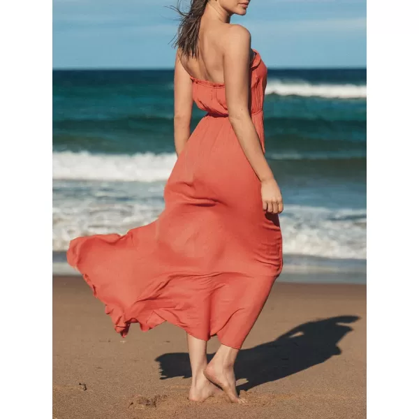imageCUPSHE Womens Drawstring Ruffled Maxi Tube Dress Mixi Sleeveless Summer DressCoral