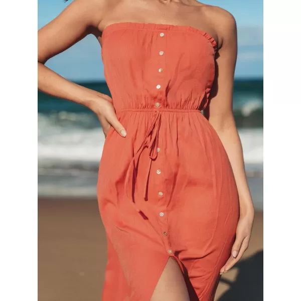 imageCUPSHE Womens Drawstring Ruffled Maxi Tube Dress Mixi Sleeveless Summer DressCoral