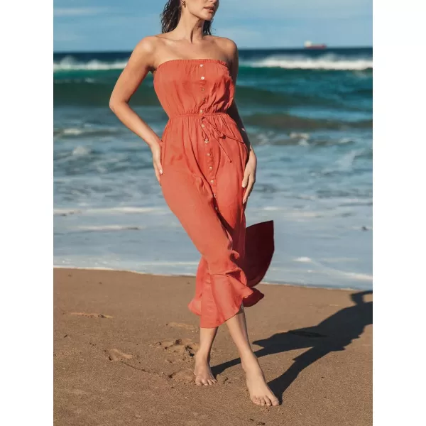 imageCUPSHE Womens Drawstring Ruffled Maxi Tube Dress Mixi Sleeveless Summer DressCoral