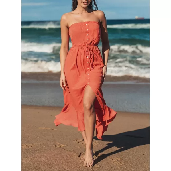 imageCUPSHE Womens Drawstring Ruffled Maxi Tube Dress Mixi Sleeveless Summer DressCoral