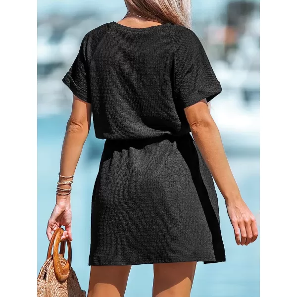 imageCUPSHE Womens Drawstring Short Sleeve Dress Short Sleeves Mini Dresses Casual SummerBlack