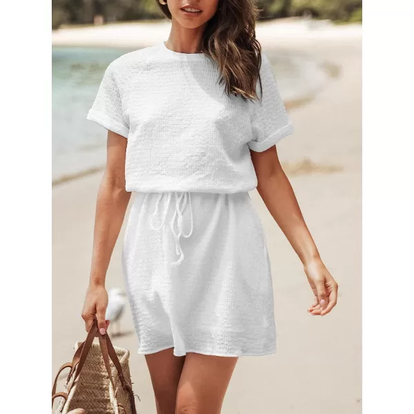 imageCUPSHE Womens Drawstring Short Sleeve Dress Short Sleeves Mini Dresses Casual SummerWhite