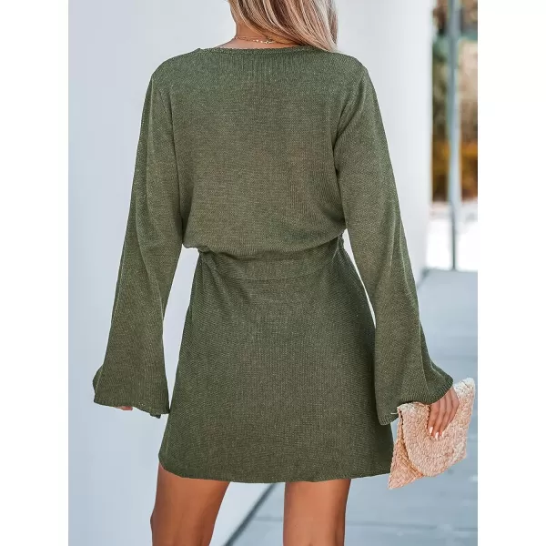 imageCUPSHE Womens Drawstring Sweater Dress Surplice Neck Mini Dress with Long SleevesOlive Green