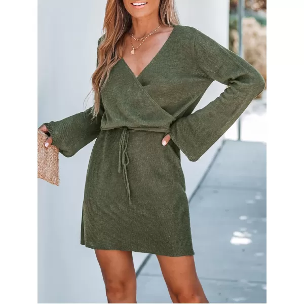 imageCUPSHE Womens Drawstring Sweater Dress Surplice Neck Mini Dress with Long SleevesOlive Green