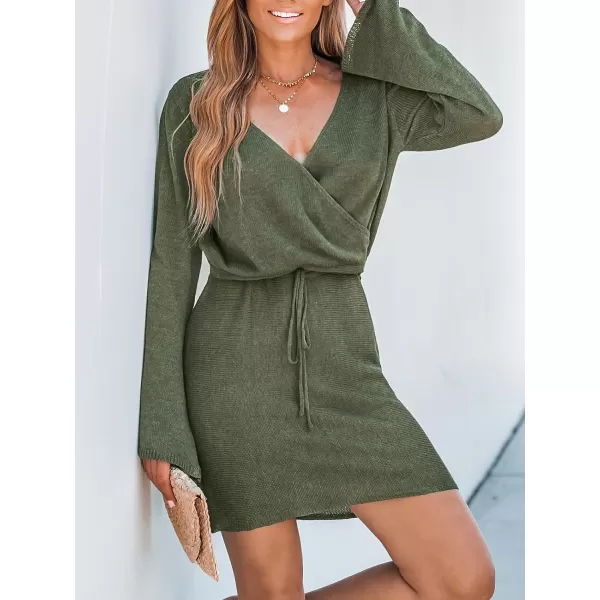 imageCUPSHE Womens Drawstring Sweater Dress Surplice Neck Mini Dress with Long SleevesOlive Green