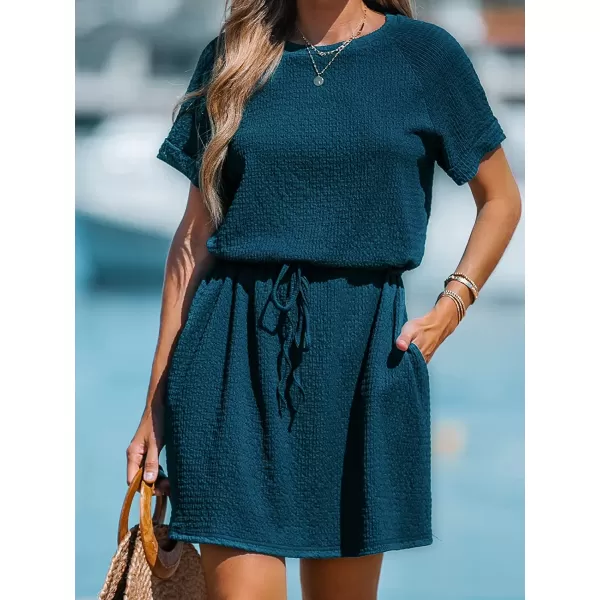 imageCUPSHE Womens Drawstring Waist Mini Dress Short Sleeves Round NeckNavy Blue