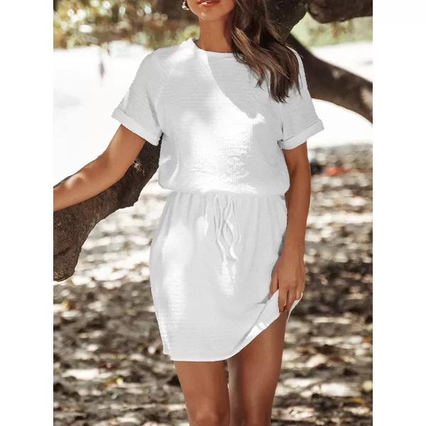 imageCUPSHE Womens Drawstring Waist Mini Dress Short Sleeves Round NeckWhite