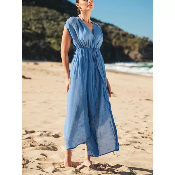 imageCUPSHE Womens Dreamy Drawstring Ruffled CoverUp Maxi Dress Surplice Neck BeachwearBlue