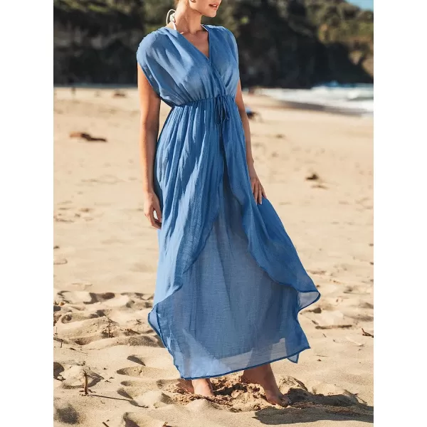 imageCUPSHE Womens Dreamy Drawstring Ruffled CoverUp Maxi Dress Surplice Neck BeachwearBlue