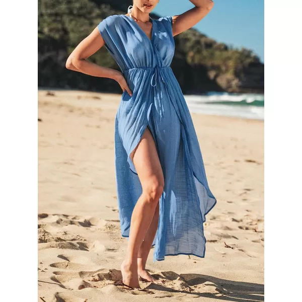 imageCUPSHE Womens Dreamy Drawstring Ruffled CoverUp Maxi Dress Surplice Neck BeachwearBlue