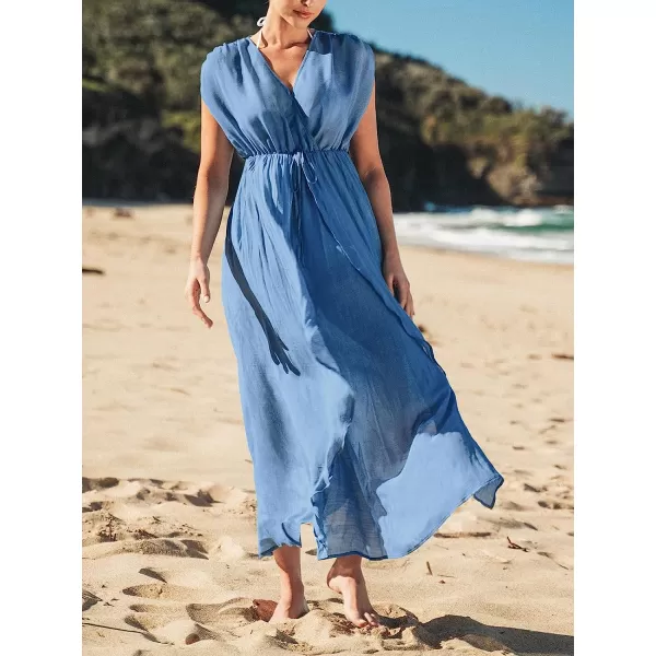 imageCUPSHE Womens Dreamy Drawstring Ruffled CoverUp Maxi Dress Surplice Neck BeachwearBlue