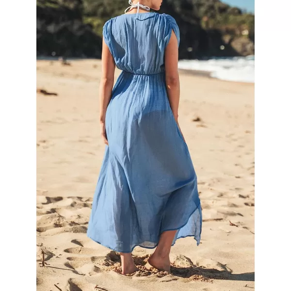imageCUPSHE Womens Dreamy Drawstring Ruffled CoverUp Maxi Dress Surplice Neck BeachwearBlue
