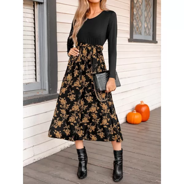 imageCUPSHE Womens Dress Belted Floral Print Maxi Dresses Long Sleeve Dressing CasualBlack