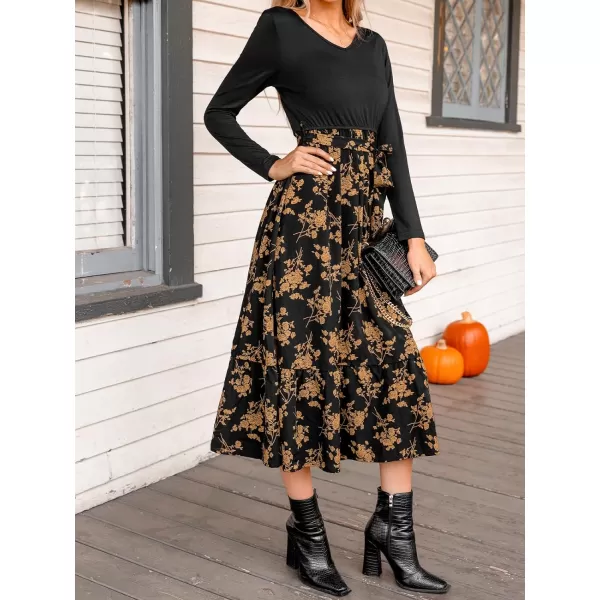 imageCUPSHE Womens Dress Belted Floral Print Maxi Dresses Long Sleeve Dressing CasualBlack