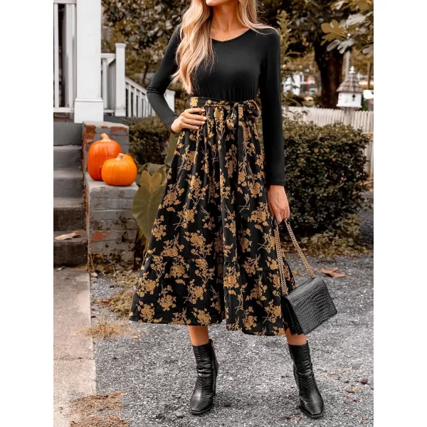 imageCUPSHE Womens Dress Belted Floral Print Maxi Dresses Long Sleeve Dressing CasualBlack