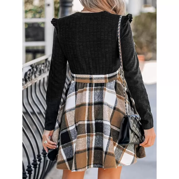 imageCUPSHE Womens Dress Elegant Round Neck Long Sleeves Ruffle Belted Mini DressesBrown