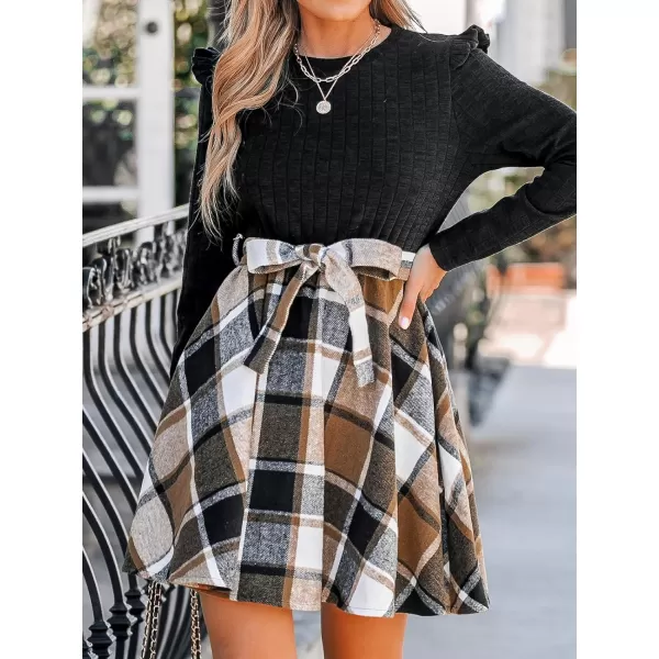 imageCUPSHE Womens Dress Elegant Round Neck Long Sleeves Ruffle Belted Mini DressesBrown