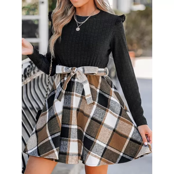 imageCUPSHE Womens Dress Elegant Round Neck Long Sleeves Ruffle Belted Mini DressesBrown