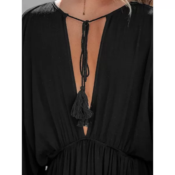 imageCUPSHE Womens Dress Long Sleeve Backless Tassel Tie Flowy Mini Dresses Long Sleeves CasualBlack