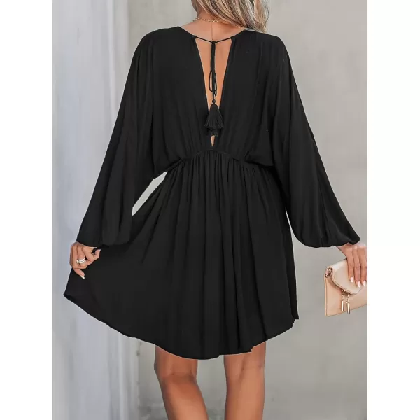 imageCUPSHE Womens Dress Long Sleeve Backless Tassel Tie Flowy Mini Dresses Long Sleeves CasualBlack