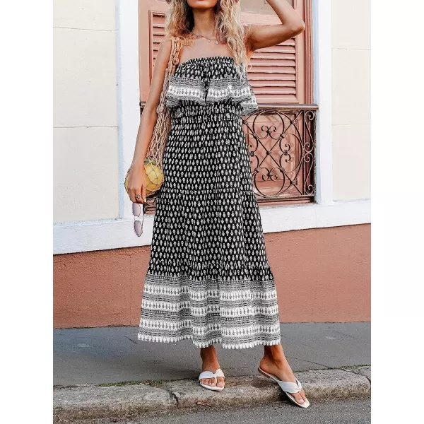 imageCUPSHE Womens Dress Ruffle Strapless Smocking Ethnic Print Midi Length DressBlack