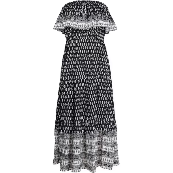imageCUPSHE Womens Dress Ruffle Strapless Smocking Ethnic Print Midi Length DressBlack