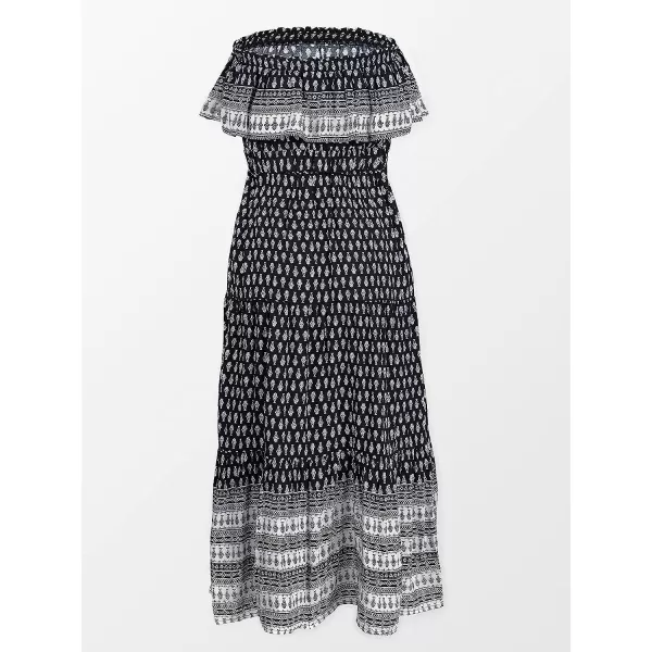 imageCUPSHE Womens Dress Ruffle Strapless Smocking Ethnic Print Midi Length DressBlack