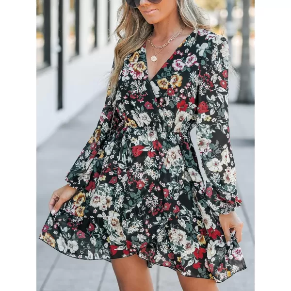 imageCUPSHE Womens Dress Sexy V Neck Wrap Long Sleeves Elastic ALined Mini Short DressesGreen Floral